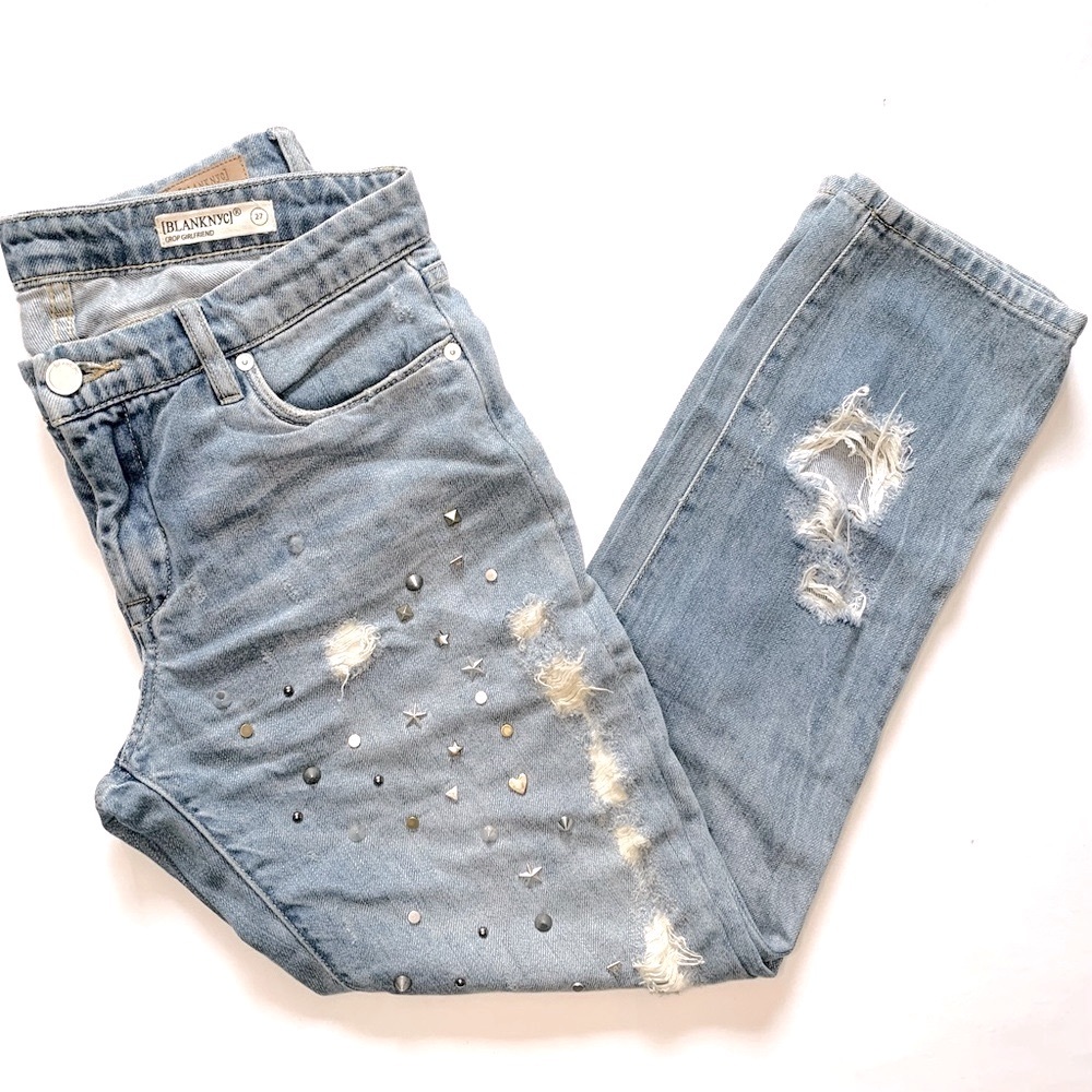 Vintage Blank NYC Mid Rise Studded Distressed Boyfriend Cropped Straight Jean